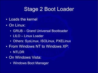 Stage 2 Boot Loader
●   Loads the kernel
●   On Linux:
    ●   GRUB – Grand Universal Bootloader
    ●   LILO – Linux Loader
    ●   Others: SysLinux, ISOLinux, PXELinux
●   From Windows NT to Windows XP:
    ●   NTLDR
●   On Windows Vista:
    ●   Windows Boot Manager
 