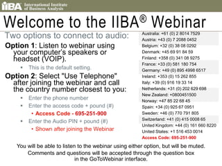 Welcome to the IIBA® Webinar  Two options to connect to audio: Option 1: Listen to webinar using your computer’s speakers or headset (VOIP).  This is the default setting. Option 2: Select &quot;Use Telephone&quot; after joining the webinar and call the country number closest to you: Enter the phone number  Enter the access code + pound (#) Access Code - 695-251-900 Enter the Audio PIN + pound (#) Shown after joining the Webinar Australia: +61 (0) 2 8014 7529 Austria: +43 (0) 7 2088 0452 Belgium: +32 (0) 38 08 0292 Denmark: +45 69 91 84 59 Finland: +358 (0) 341 08 9275 France: +33 (0) 581 180 754 Germany: +49 (0) 895 4998 6517 Ireland: +353 (0) 15 262 855 Italy: +39 (0) 916 19 33 14 Netherlands: +31 (0) 202 629 698 New Zealand: +0800451500 Norway: +47 85 22 68 45 Spain: +34 (0) 925 67 0951 Sweden: +46 (0) 770 791 805 Switzerland: +41 (0) 415 0008 65 United Kingdom: +44 (0) 161 660 8220 United States: +1 516 453 0014 Access Code: 695-251-900 You will be able to listen to the webinar using either option, but will be muted. Comments and questions will be accepted through the question box in the GoToWebinar interface. © International Institute of Business Analysis™ 