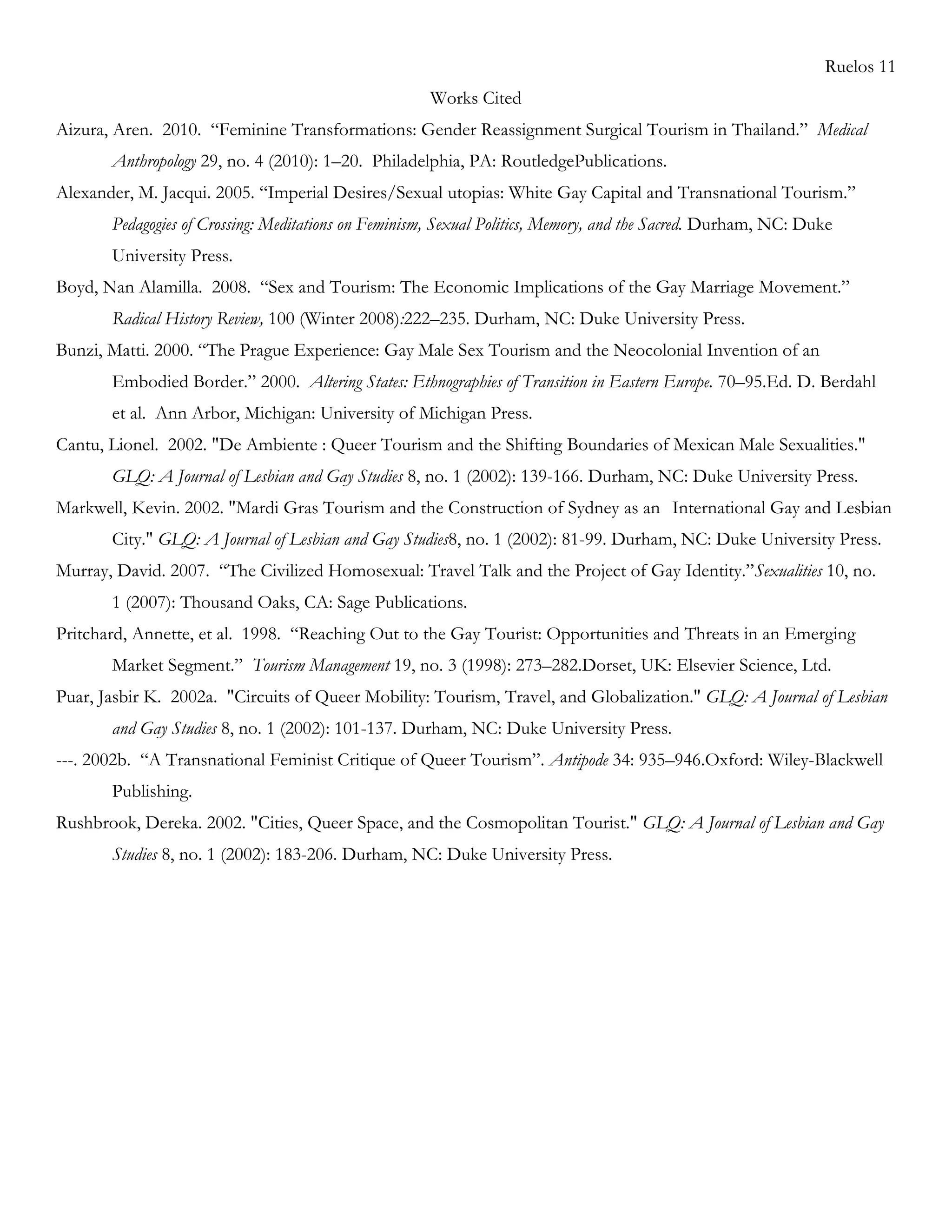 Ruelos 11
Works Cited
Aizura, Aren. 2010. ―Feminine Transformations: Gender Reassignment Surgical Tourism in Thailand.‖ Medical
Anthropology 29, no. 4 (2010): 1–20. Philadelphia, PA: RoutledgePublications.
Alexander, M. Jacqui. 2005. ―Imperial Desires/Sexual utopias: White Gay Capital and Transnational Tourism.‖
Pedagogies of Crossing: Meditations on Feminism, Sexual Politics, Memory, and the Sacred. Durham, NC: Duke
University Press.
Boyd, Nan Alamilla. 2008. ―Sex and Tourism: The Economic Implications of the Gay Marriage Movement.‖
Radical History Review, 100 (Winter 2008):222–235. Durham, NC: Duke University Press.
Bunzi, Matti. 2000. ―The Prague Experience: Gay Male Sex Tourism and the Neocolonial Invention of an
Embodied Border.‖ 2000. Altering States: Ethnographies of Transition in Eastern Europe. 70–95.Ed. D. Berdahl
et al. Ann Arbor, Michigan: University of Michigan Press.
Cantu, Lionel. 2002. "De Ambiente : Queer Tourism and the Shifting Boundaries of Mexican Male Sexualities."
GLQ: A Journal of Lesbian and Gay Studies 8, no. 1 (2002): 139-166. Durham, NC: Duke University Press.
Markwell, Kevin. 2002. "Mardi Gras Tourism and the Construction of Sydney as an International Gay and Lesbian
City." GLQ: A Journal of Lesbian and Gay Studies8, no. 1 (2002): 81-99. Durham, NC: Duke University Press.
Murray, David. 2007. ―The Civilized Homosexual: Travel Talk and the Project of Gay Identity.‖Sexualities 10, no.
1 (2007): Thousand Oaks, CA: Sage Publications.
Pritchard, Annette, et al. 1998. ―Reaching Out to the Gay Tourist: Opportunities and Threats in an Emerging
Market Segment.‖ Tourism Management 19, no. 3 (1998): 273–282.Dorset, UK: Elsevier Science, Ltd.
Puar, Jasbir K. 2002a. "Circuits of Queer Mobility: Tourism, Travel, and Globalization." GLQ: A Journal of Lesbian
and Gay Studies 8, no. 1 (2002): 101-137. Durham, NC: Duke University Press.
---. 2002b. ―A Transnational Feminist Critique of Queer Tourism‖. Antipode 34: 935–946.Oxford: Wiley-Blackwell
Publishing.
Rushbrook, Dereka. 2002. "Cities, Queer Space, and the Cosmopolitan Tourist." GLQ: A Journal of Lesbian and Gay
Studies 8, no. 1 (2002): 183-206. Durham, NC: Duke University Press.
 