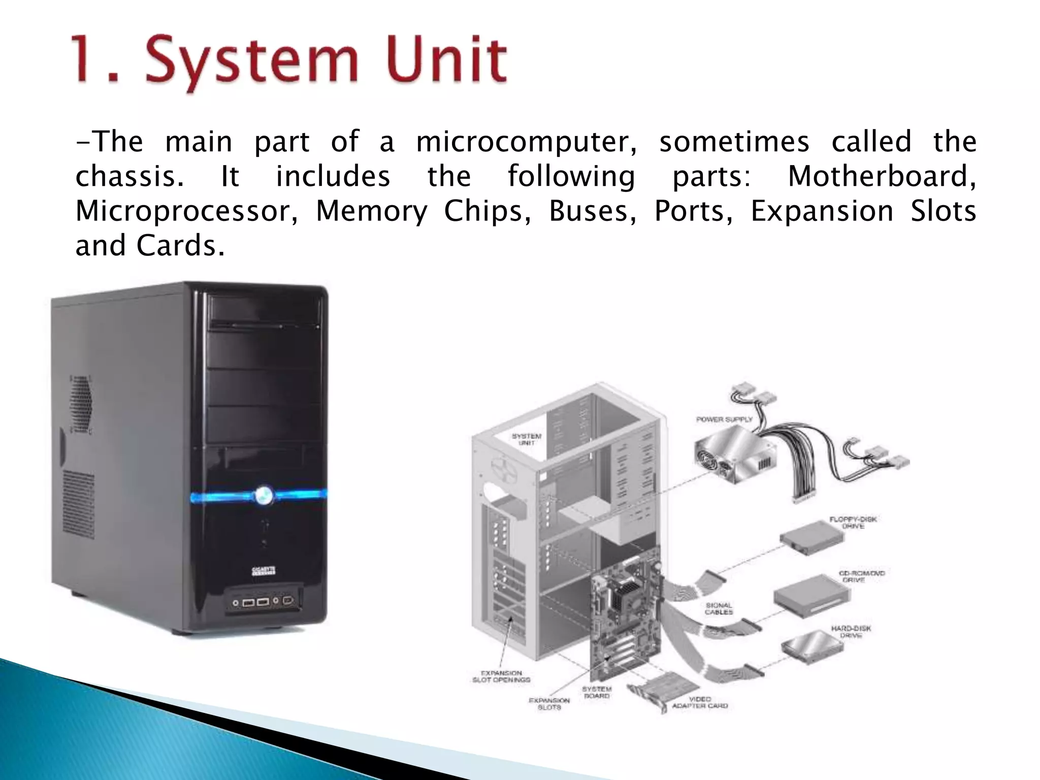 -The main part of a microcomputer, sometimes called the
chassis. It includes the following parts: Motherboard,
Microprocessor, Memory Chips, Buses, Ports, Expansion Slots
and Cards.
 