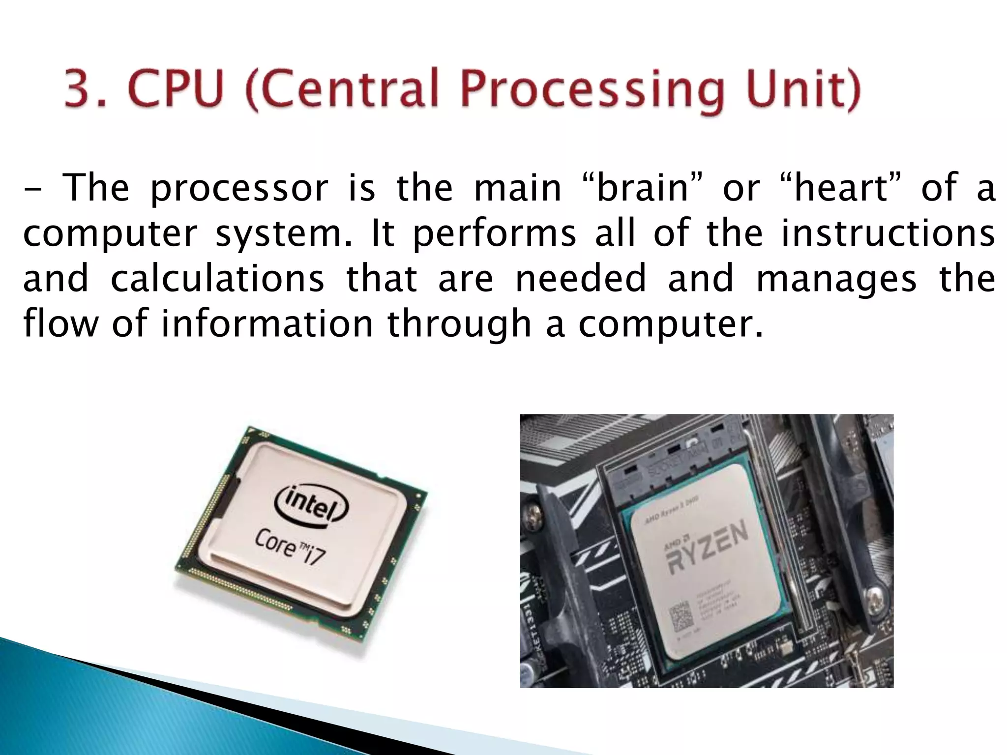 - The processor is the main “brain” or “heart” of a
computer system. It performs all of the instructions
and calculations that are needed and manages the
flow of information through a computer.
 