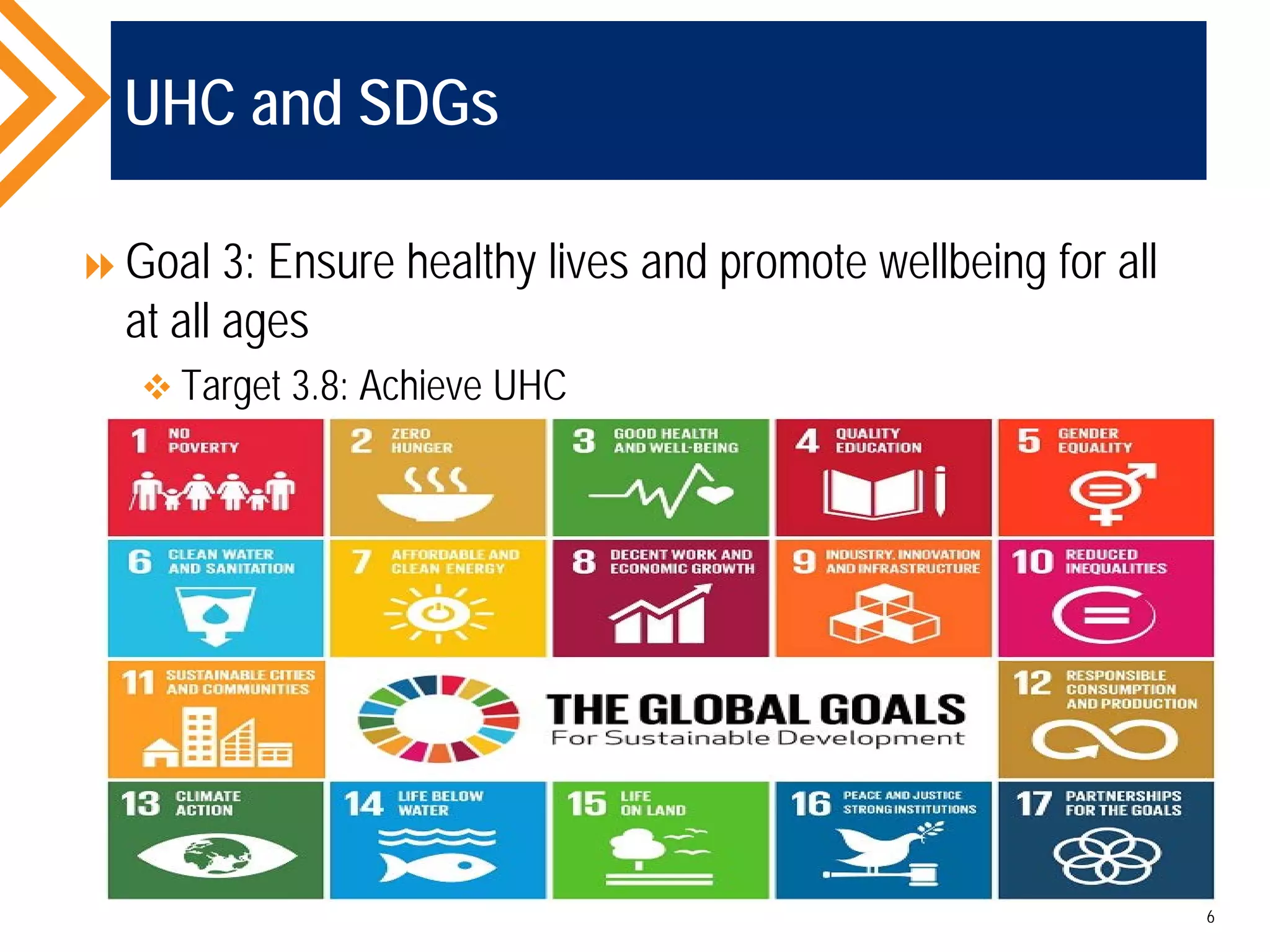 UHC and SDGs
Goal 3: Ensure healthy lives and promote wellbeing for all
at all ages
 Target 3.8: Achieve UHC
6
 