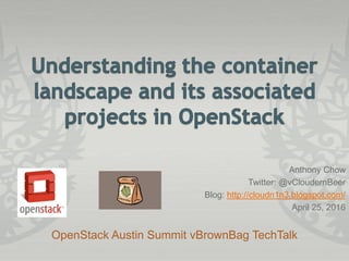 Anthony Chow
Twitter: @vCloudernBeer
Blog: http://cloudn1n3.blogspot.com/
April 25, 2016
OpenStack Austin Summit vBrownBag TechTalk
 