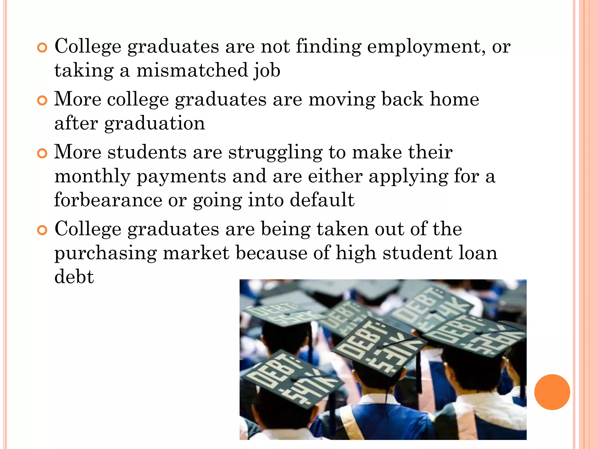  College graduates are not finding employment, or
taking a mismatched job
 More college graduates are moving back home
after graduation
 More students are struggling to make their
monthly payments and are either applying for a
forbearance or going into default
 College graduates are being taken out of the
purchasing market because of high student loan
debt
 