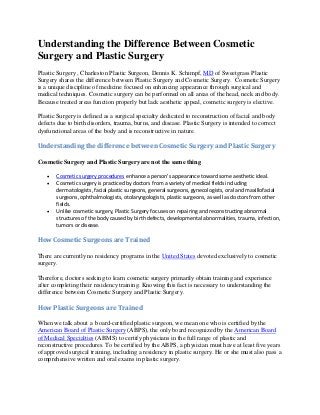 Understanding the Difference Between Cosmetic
Surgery and Plastic Surgery
Plastic Surgery , Charleston Plastic Surgeon, Dennis K. Schimpf, MD of Sweetgrass Plastic
Surgery shares the difference between Plastic Surgery and Cosmetic Surgery. Cosmetic Surgery
is a unique discipline of medicine focused on enhancing appearance through surgical and
medical techniques. Cosmetic surgery can be performed on all areas of the head, neck and body.
Because treated areas function properly but lack aesthetic appeal, cosmetic surgery is elective.
Plastic Surgery is defined as a surgical specialty dedicated to reconstruction of facial and body
defects due to birth disorders, trauma, burns, and disease. Plastic Surgery is intended to correct
dysfunctional areas of the body and is reconstructive in nature.

Understanding the difference between Cosmetic Surgery and Plastic Surgery
Cosmetic Surgery and Plastic Surgery are not the same thing





Cosmetic surgery procedures enhance a person's appearance toward some aesthetic ideal.
Cosmetic surgery is practiced by doctors from a variety of medical fields including
dermatologists, facial plastic surgeons, general surgeons, gynecologists, oral and maxillofacial
surgeons, ophthalmologists, otolaryngologists, plastic surgeons, as well as doctors from other
fields.
Unlike cosmetic surgery, Plastic Surgery focuses on repairing and reconstructing abnormal
structures of the body caused by birth defects, developmental abnormalities, trauma, infection,
tumors or disease.

How Cosmetic Surgeons are Trained
There are currently no residency programs in the United States devoted exclusively to cosmetic
surgery.
Therefore, doctors seeking to learn cosmetic surgery primarily obtain training and experience
after completing their residency training. Knowing this fact is necessary to understanding the
difference between Cosmetic Surgery and Plastic Surgery.

How Plastic Surgeons are Trained
When we talk about a board-certified plastic surgeon, we mean one who is certified by the
American Board of Plastic Surgery (ABPS), the only board recognized by the American Board
of Medical Specialties (ABMS) to certify physicians in the full range of plastic and
reconstructive procedures. To be certified by the ABPS, a physician must have at least five years
of approved surgical training, including a residency in plastic surgery. He or she must also pass a
comprehensive written and oral exams in plastic surgery.

 