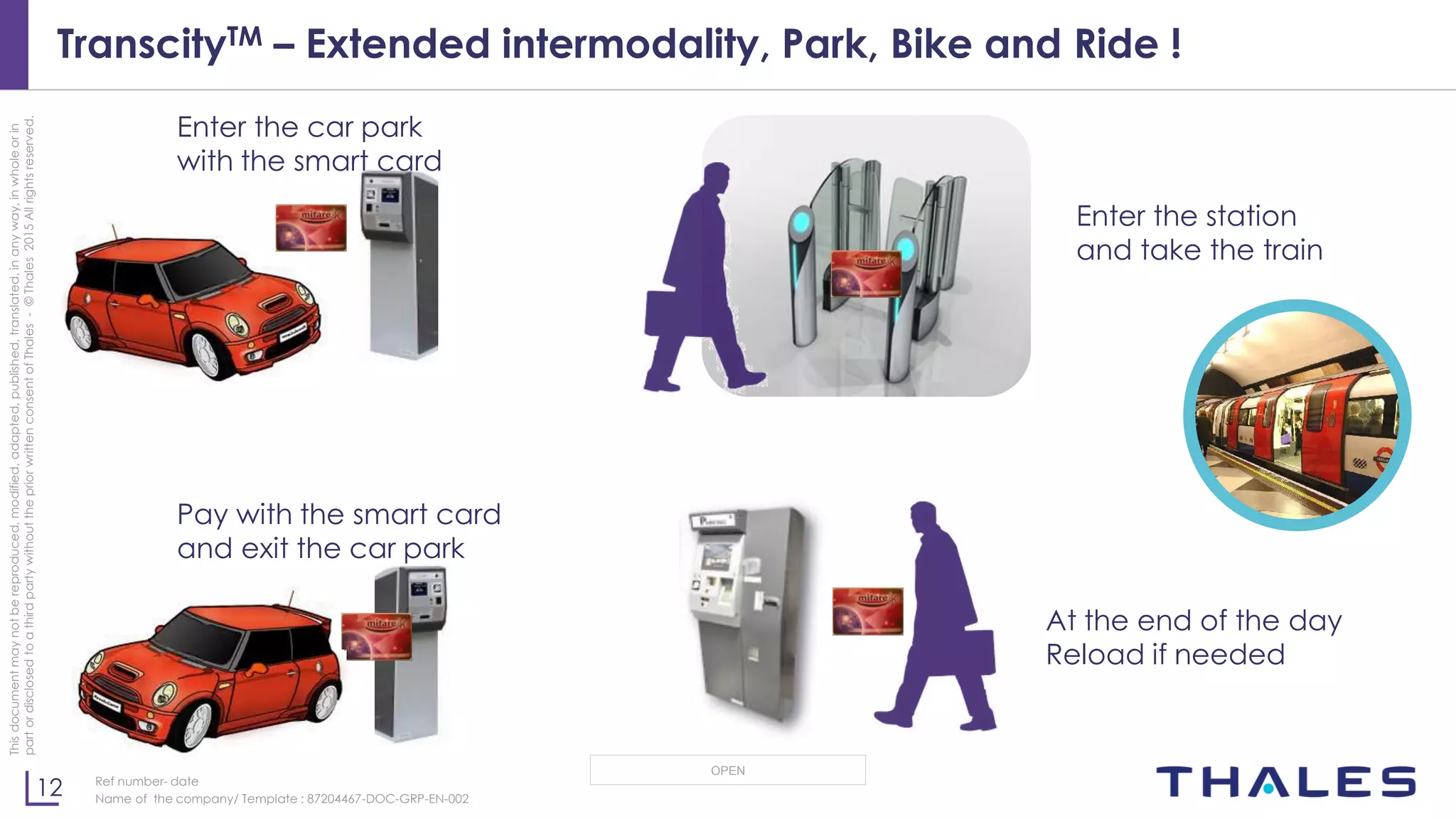 12
OPEN
Thisdocumentmaynotbereproduced,modified,adapted,published,translated,inanyway,inwholeorin
partordisclosedtoathirdpartywithoutthepriorwrittenconsentofThales-©Thales2015Allrightsreserved.
Ref number- date
Name of the company/ Template : 87204467-DOC-GRP-EN-002
TranscityTM – Extended intermodality, Park, Bike and Ride !
Enter the car park
with the smart card
Enter the station
and take the train
At the end of the day
Reload if needed
Pay with the smart card
and exit the car park
 