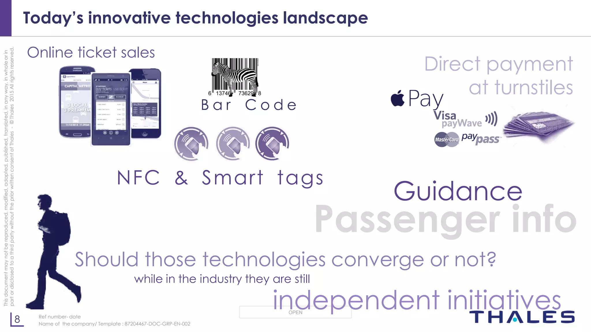 8
OPEN
Thisdocumentmaynotbereproduced,modified,adapted,published,translated,inanyway,inwholeorin
partordisclosedtoathirdpartywithoutthepriorwrittenconsentofThales-©Thales2015Allrightsreserved.
Ref number- date
Name of the company/ Template : 87204467-DOC-GRP-EN-002
Today’s innovative technologies landscape
Should those technologies converge or not?
Direct payment
at turnstiles
B a r C o d e
Guidance
Passenger info
Online ticket sales
while in the industry they are still
independent initiatives
NFC & Smart tags
 