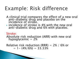 A clinical trial compares the effect of a new oral
anti-diabetic drug and placebo on the
incidence of stroke.
 incidence of stroke is 4% with the new oral
anti-diabetic drug and 6% with placebo.
Stroke:
Absolute risk reduction (ARR) with new oral
hypoglycemic = 2%
Relative risk reduction (RRR) = 2% / 6% or
= 1- (4%/6%) = 33.33%
 