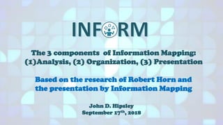 The 3 components of Information Mapping:
(1)Analysis, (2) Organization, (3) Presentation
Based on the research of Robert Horn and
the presentation by Information Mapping
John D. Hipsley
September 17th, 2018
 