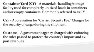 Container Yard (CY) - A materials–handling/storage
facility used for completely unitized loads in containers
and/or empty containers. Commonly referred to as CY.
CSF - Abbreviation for “Carrier Security Fee.” Charges for
the security of cargo during the shipment.
Customs - A government agency charged with enforcing
the rules passed to protect the country’s import and ex-
port revenues.
 