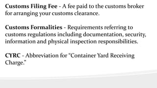 Customs Filing Fee - A fee paid to the customs broker
for arranging your customs clearance.
Customs Formalities - Requirements referring to
customs regulations including documentation, security,
information and physical inspection responsibilities.
CYRC - Abbreviation for “Container Yard Receiving
Charge.”
 