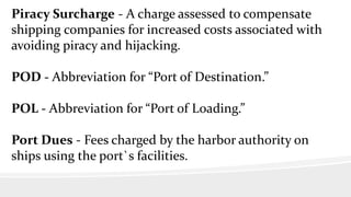 Piracy Surcharge - A charge assessed to compensate
shipping companies for increased costs associated with
avoiding piracy and hijacking.
POD - Abbreviation for “Port of Destination.”
POL - Abbreviation for “Port of Loading.”
Port Dues - Fees charged by the harbor authority on
ships using the port`s facilities.
 