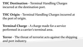 THC Destination - Terminal Handling Charges
incurred at the destination port.
THC Origin - Terminal Handling Charges incurred at
the port of origin.
Terminal Charge - A charge made for a service
performed in a carrier’s terminal area.
Terror - The threat of terrorist acts against the shipping
and port industry.
 