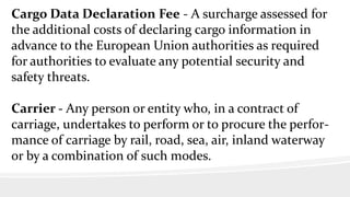Cargo Data Declaration Fee - A surcharge assessed for
the additional costs of declaring cargo information in
advance to the European Union authorities as required
for authorities to evaluate any potential security and
safety threats.
Carrier - Any person or entity who, in a contract of
carriage, undertakes to perform or to procure the perfor-
mance of carriage by rail, road, sea, air, inland waterway
or by a combination of such modes.
 