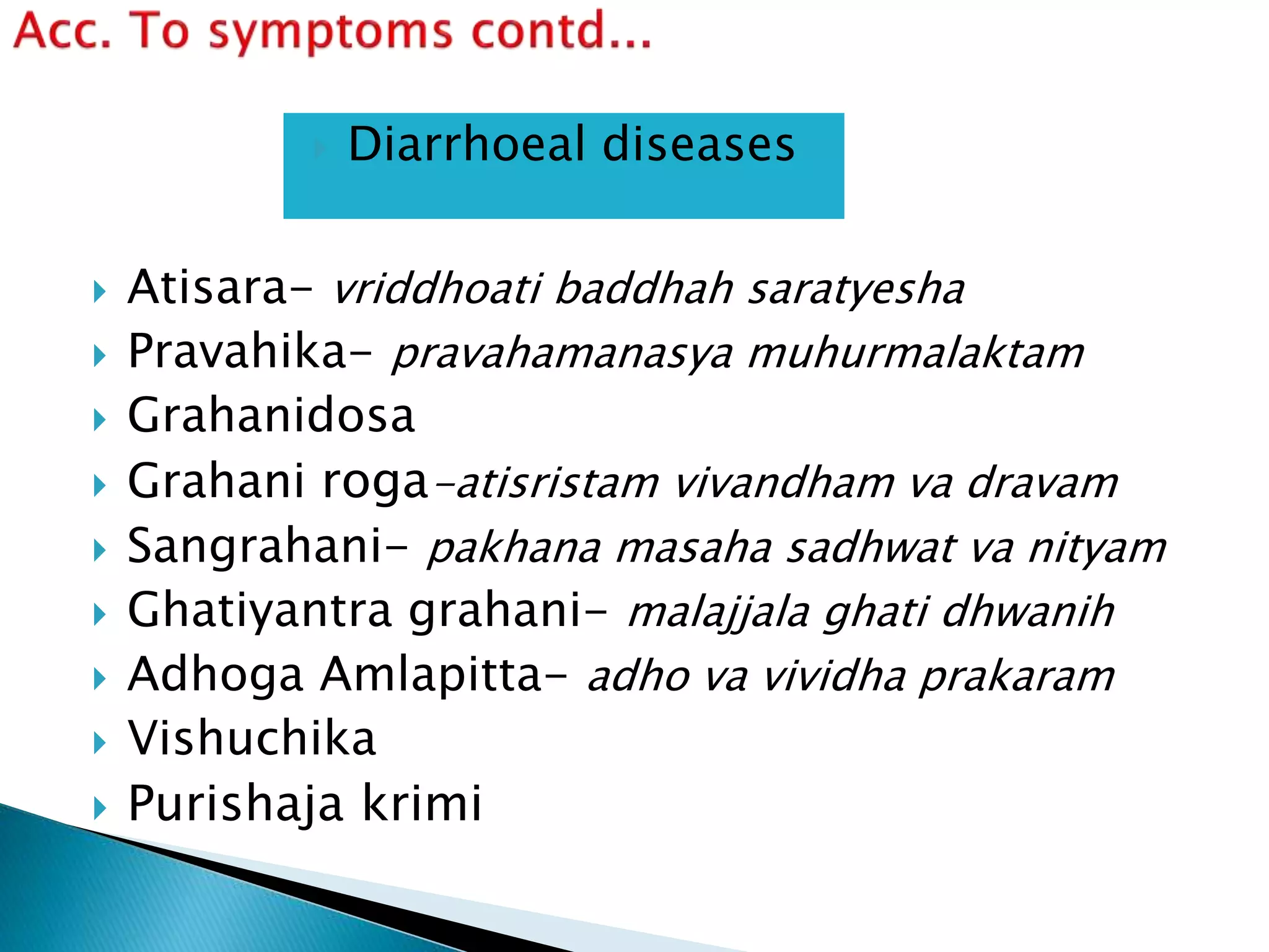  Atisara- vriddhoati baddhah saratyesha
 Pravahika- pravahamanasya muhurmalaktam
 Grahanidosa
 Grahani roga-atisristam vivandham va dravam
 Sangrahani- pakhana masaha sadhwat va nityam
 Ghatiyantra grahani- malajjala ghati dhwanih
 Adhoga Amlapitta- adho va vividha prakaram
 Vishuchika
 Purishaja krimi
 Diarrhoeal diseases
 