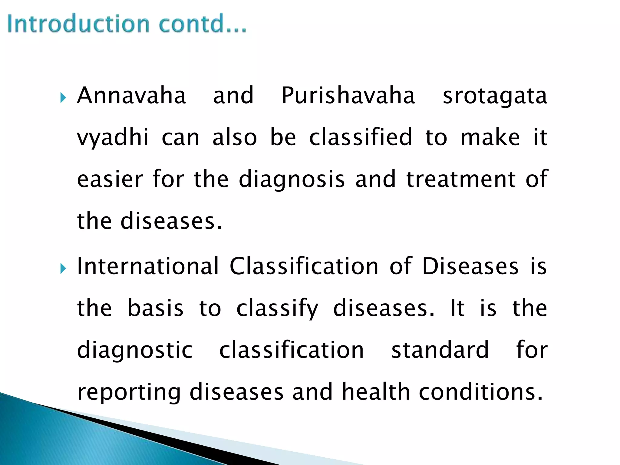  Annavaha and Purishavaha srotagata
vyadhi can also be classified to make it
easier for the diagnosis and treatment of
the diseases.
 International Classification of Diseases is
the basis to classify diseases. It is the
diagnostic classification standard for
reporting diseases and health conditions.
 