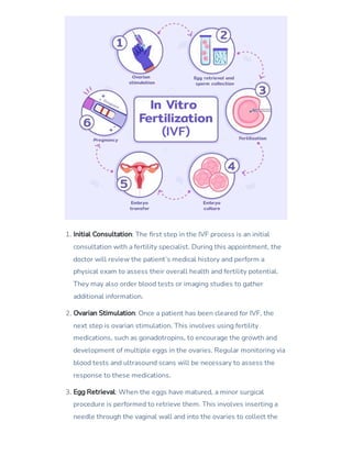 1. Initial Consultation: The first step in the IVF process is an initial
consultation with a fertility specialist. During this appointment, the
doctor will review the patient’s medical history and perform a
physical exam to assess their overall health and fertility potential.
They may also order blood tests or imaging studies to gather
additional information.
2. Ovarian Stimulation: Once a patient has been cleared for IVF, the
next step is ovarian stimulation. This involves using fertility
medications, such as gonadotropins, to encourage the growth and
development of multiple eggs in the ovaries. Regular monitoring via
blood tests and ultrasound scans will be necessary to assess the
response to these medications.
3. Egg Retrieval: When the eggs have matured, a minor surgical
procedure is performed to retrieve them. This involves inserting a
needle through the vaginal wall and into the ovaries to collect the
 