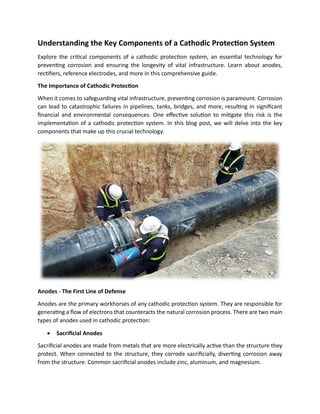Understanding the Key Components of a Cathodic Protection System
Explore the critical components of a cathodic protection system, an essential technology for
preventing corrosion and ensuring the longevity of vital infrastructure. Learn about anodes,
rectifiers, reference electrodes, and more in this comprehensive guide.
The Importance of Cathodic Protection
When it comes to safeguarding vital infrastructure, preventing corrosion is paramount. Corrosion
can lead to catastrophic failures in pipelines, tanks, bridges, and more, resulting in significant
financial and environmental consequences. One effective solution to mitigate this risk is the
implementation of a cathodic protection system. In this blog post, we will delve into the key
components that make up this crucial technology.
Anodes - The First Line of Defense
Anodes are the primary workhorses of any cathodic protection system. They are responsible for
generating a flow of electrons that counteracts the natural corrosion process. There are two main
types of anodes used in cathodic protection:
• Sacrificial Anodes
Sacrificial anodes are made from metals that are more electrically active than the structure they
protect. When connected to the structure, they corrode sacrificially, diverting corrosion away
from the structure. Common sacrificial anodes include zinc, aluminum, and magnesium.
 