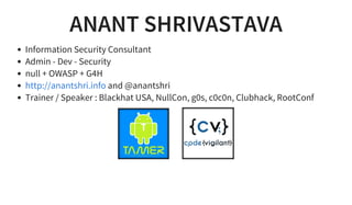 ANANT SHRIVASTAVA
Information Security Consultant
Admin - Dev - Security
null + OWASP + G4H
and @anantshri
Trainer / Speak...