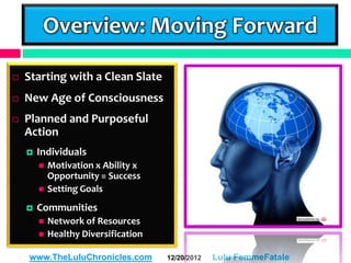 Overview: Moving Forward

   Starting with a Clean Slate
   New Age of Consciousness
   Planned and Purposeful
    Action
       Individuals
           Motivation x Ability x
            Opportunity = Success
           Setting Goals
       Communities
           Network of Resources
           Healthy Diversification

    www.TheLuluChronicles.com         12/20/2012   Lulu FemmeFatale
 