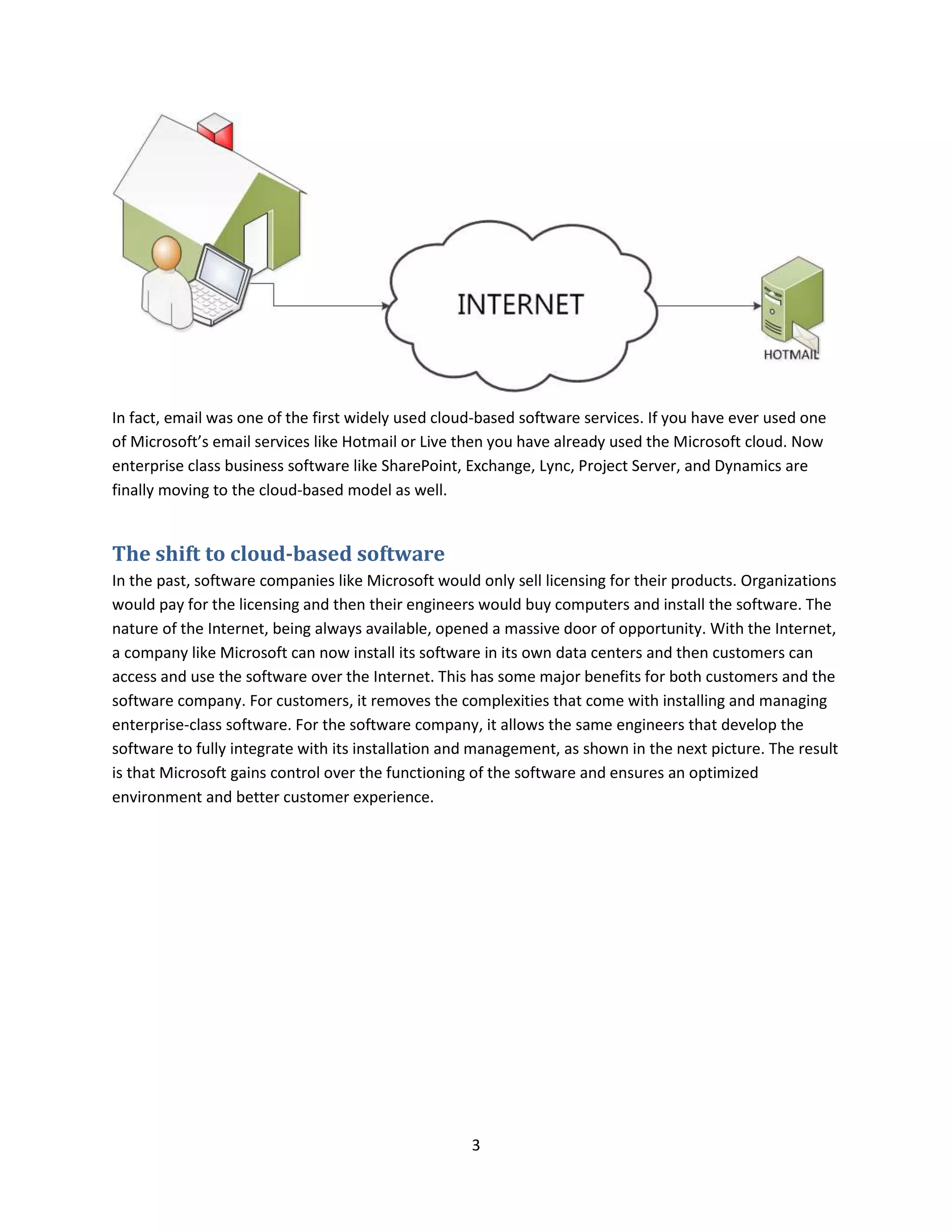 3
In fact, email was one of the first widely used cloud-based software services. If you have ever used one
of Microsoft’s email services like Hotmail or Live then you have already used the Microsoft cloud. Now
enterprise class business software like SharePoint, Exchange, Lync, Project Server, and Dynamics are
finally moving to the cloud-based model as well.
The shift to cloud-based software
In the past, software companies like Microsoft would only sell licensing for their products. Organizations
would pay for the licensing and then their engineers would buy computers and install the software. The
nature of the Internet, being always available, opened a massive door of opportunity. With the Internet,
a company like Microsoft can now install its software in its own data centers and then customers can
access and use the software over the Internet. This has some major benefits for both customers and the
software company. For customers, it removes the complexities that come with installing and managing
enterprise-class software. For the software company, it allows the same engineers that develop the
software to fully integrate with its installation and management, as shown in the next picture. The result
is that Microsoft gains control over the functioning of the software and ensures an optimized
environment and better customer experience.
 