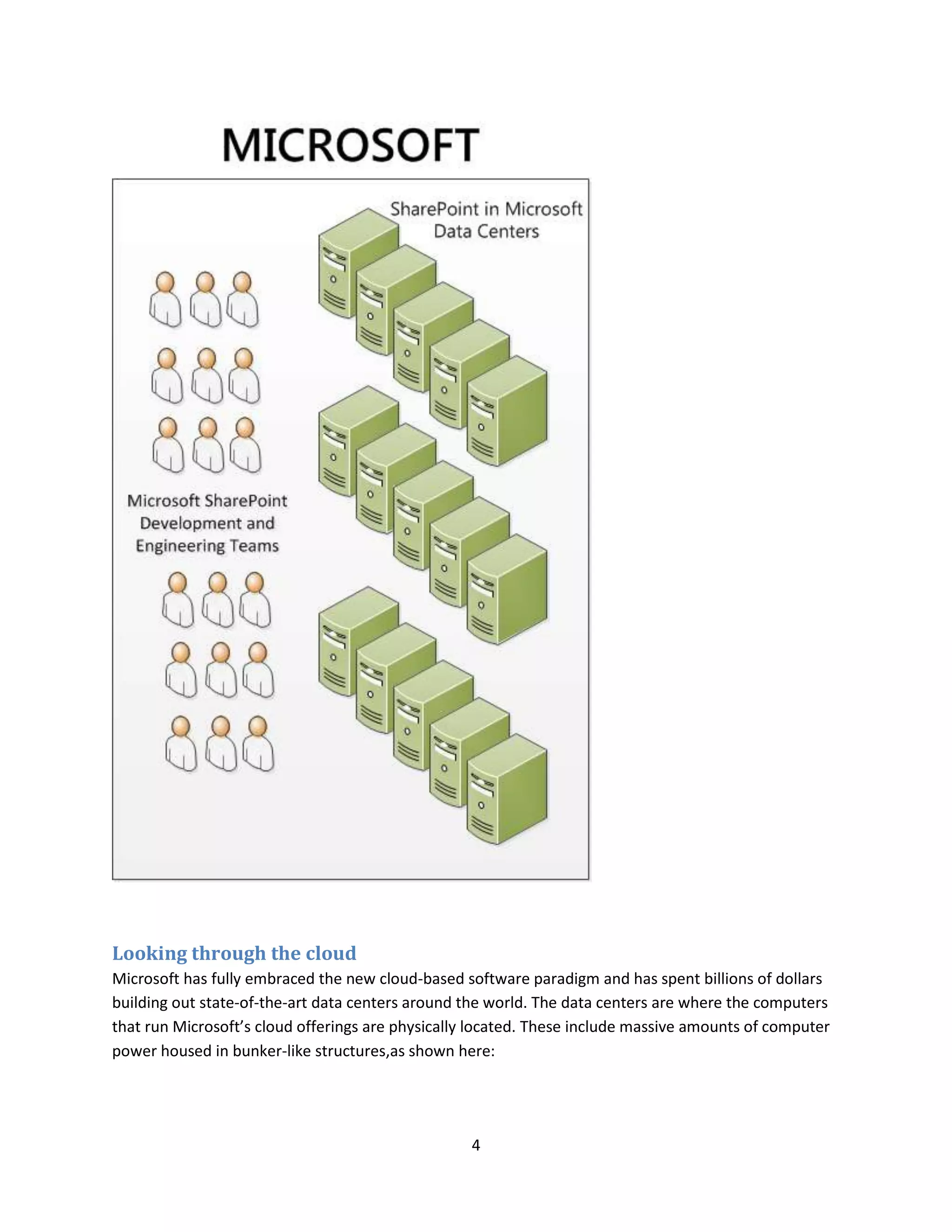 4
Looking through the cloud
Microsoft has fully embraced the new cloud-based software paradigm and has spent billions of dollars
building out state-of-the-art data centers around the world. The data centers are where the computers
that run Microsoft’s cloud offerings are physically located. These include massive amounts of computer
power housed in bunker-like structures,as shown here:
 