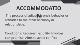 ACCOMMODATIO
N
The process of adjusting one’s behavior or
attitudes to maintain harmony in
relationships.
Conditions: Requires flexibility, Involves
compromise, Aims to avoid conflict
 