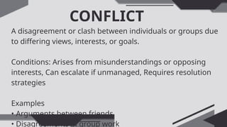 CONFLICT
A disagreement or clash between individuals or groups due
to differing views, interests, or goals.
Conditions: Arises from misunderstandings or opposing
interests, Can escalate if unmanaged, Requires resolution
strategies
Examples
• Arguments between friends
• Disagreements in group work
 