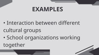 EXAMPLES
• Interaction between different
cultural groups
• School organizations working
together
 