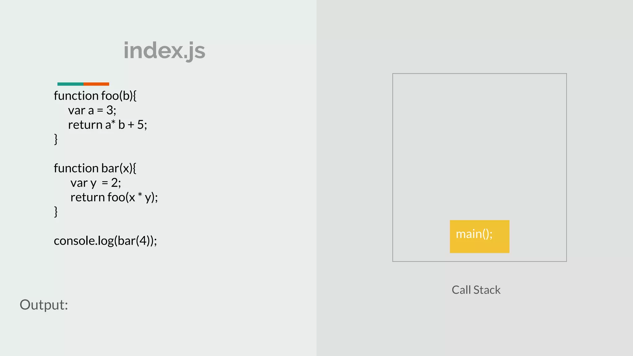 index.js Output: Call Stack function foo(b){ var a = 3; return a* b + 5; } function bar(x){ var y = 2; return foo(x * y); } console.log(bar(4)); main(); 