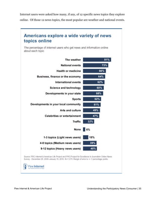What news topics do people explore online?

     Internet users were asked how many, if any, of 12 specific news topics they explore
     online.  Of those 12 news topics, the most popular are weather and national events.




      


     Overall, Americans explore a wide variety of news topics online.  Four in ten internet 
Pew Internet (40%) say Life Projectnews
     users & American they get            and information online about at least Participatory 12 topics.
                                                               Understanding the 9 of these News Consumer | 35

     In this report we sometimes call them “heavy online news users.” Another 39% explore
     4 to 8 of these topics online. We call this group “medium online news users “ Some 15%
 