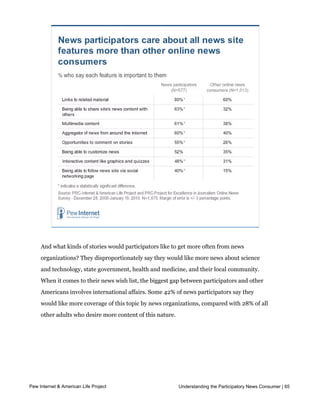 that facilitate commenting on stories.




     And what kinds of stories would participators like to get more often from news
     organizations? They disproportionately say they would like more news about science
     and technology, state government, health and medicine, and their local community.
     When it comes to their news wish list, the biggest gap between participators and other
     Americans involves international affairs. Some 42% of news participators say they
     would like more coverage of this topic by news organizations, compared with 28% of all
     other adults who desire more content of this nature.  




Methodology

     Questions and data
Pew Internet & American Life Project                          Understanding the Participatory News Consumer | 65
     This report is based on the findings of a daily tracking survey on Americans' use of the
     Internet. The results in this report are based on data from telephone interviews
 