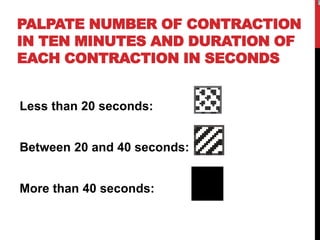 PALPATE NUMBER OF CONTRACTION
IN TEN MINUTES AND DURATION OF
EACH CONTRACTION IN SECONDS
Less than 20 seconds:
Between 20 and 40 seconds:
More than 40 seconds:
 