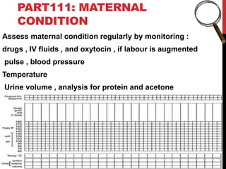 PART111: MATERNAL
CONDITION
Assess maternal condition regularly by monitoring :
drugs , IV fluids , and oxytocin , if labour is augmented
pulse , blood pressure
Temperature
Urine volume , analysis for protein and acetone
 