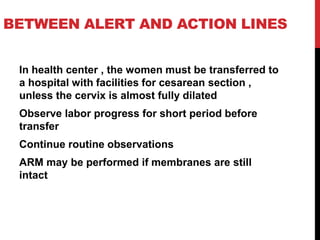 BETWEEN ALERT AND ACTION LINES
In health center , the women must be transferred to
a hospital with facilities for cesarean section ,
unless the cervix is almost fully dilated
Observe labor progress for short period before
transfer
Continue routine observations
ARM may be performed if membranes are still
intact
 