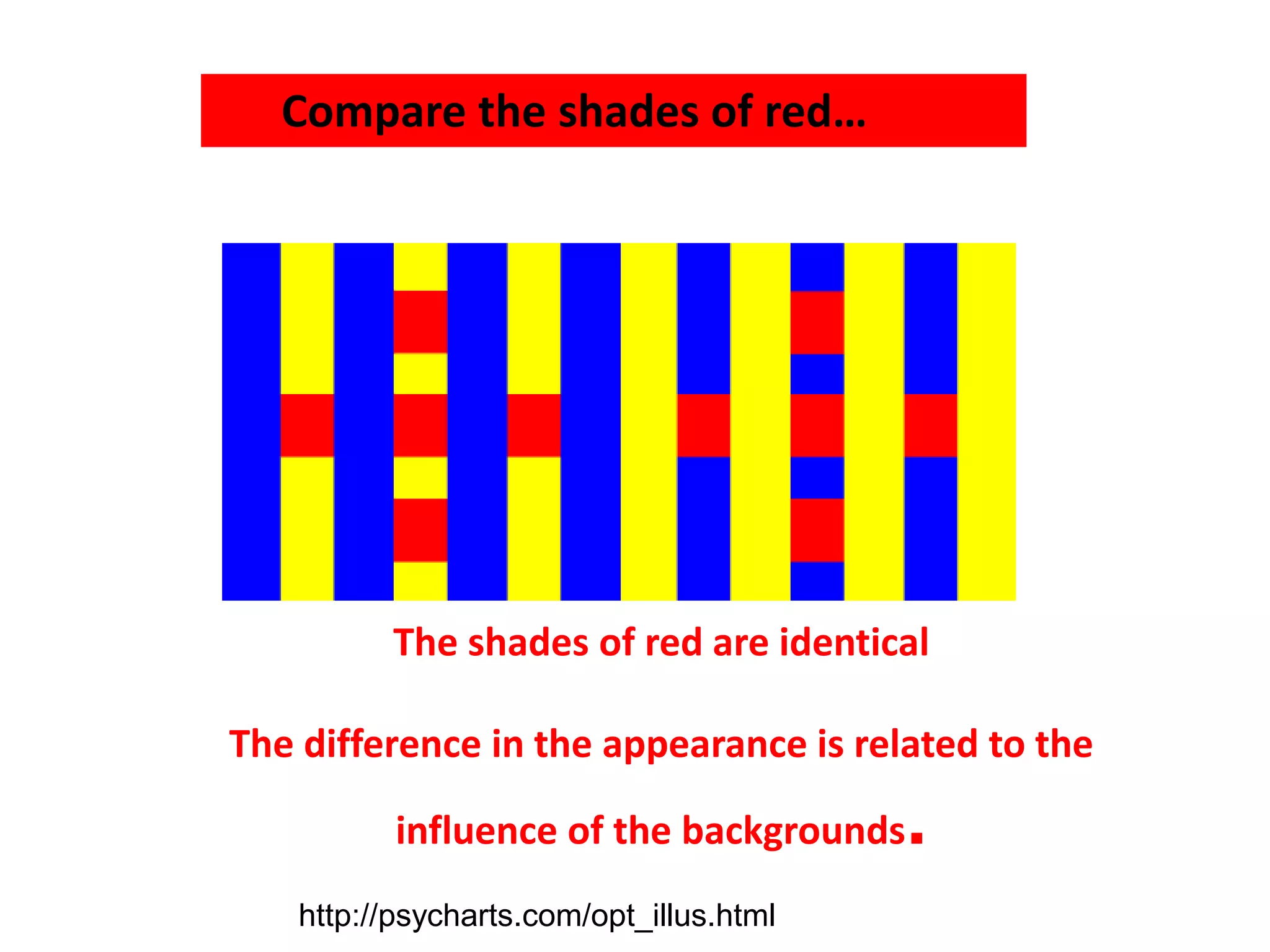 The shades of red are identical
The difference in the appearance is related to the
influence of the backgrounds.
http://psycharts.com/opt_illus.html
Compare the shades of red…
 