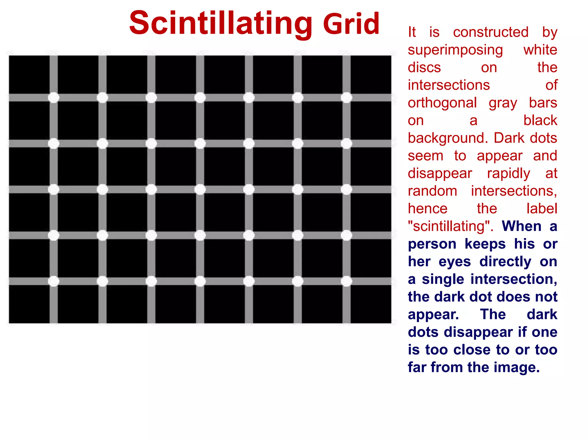 Scintillating Grid It is constructed by
superimposing white
discs on the
intersections of
orthogonal gray bars
on a black
background. Dark dots
seem to appear and
disappear rapidly at
random intersections,
hence the label
"scintillating". When a
person keeps his or
her eyes directly on
a single intersection,
the dark dot does not
appear. The dark
dots disappear if one
is too close to or too
far from the image.
 