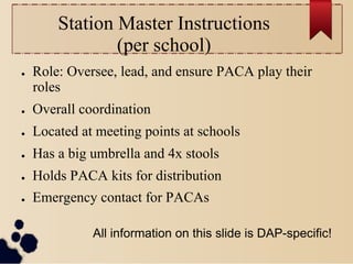 Station Master Instructions
                 (per school)
●    Role: Oversee, lead, and ensure PACA play their
     roles
●    Overall coordination
●    Located at meeting points at schools
●    Has a big umbrella and 4x stools
●    Holds PACA kits for distribution
●    Emergency contact for PACAs

               All information on this slide is DAP-specific!
 