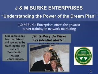 {
Jim & Mary Jo Burke
Presidential Master
Coordinators
J & M Burke Enterprises offers the greatest
career training in network marketing
Our success has
been acclaimed
and rewarded by
reaching the top
rank of
Presidential
Master
Coordinators.
J & M BURKE ENTERPRISES
“Understanding the Power of the Dream Plan”
1
 