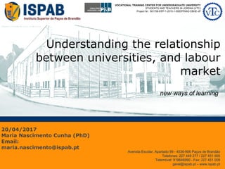 Understanding the relationship
between universities, and labour
market
20/04/2017
Maria Nascimento Cunha (PhD)
Email:
maria.nascimento@ispab.pt
Avenida Escolar, Apartado 99 - 4536-906 Paços de Brandão
Telefones: 227 449 277 / 227 451 005
Telemóvel: 919646990 - Fax: 227 451 009
geral@ispab.pt – www.ispab.pt
VOCATIONAL TRAINING CENTER FOR UNDERGRADUATE UNIVERSITY
STUDENTS AND TEACHERS IN JORDAN (VTC)
Project Nr.: 561708-EPP-1-2015-1-DEEPPKA2-CBHE-JP
new ways of learning
 