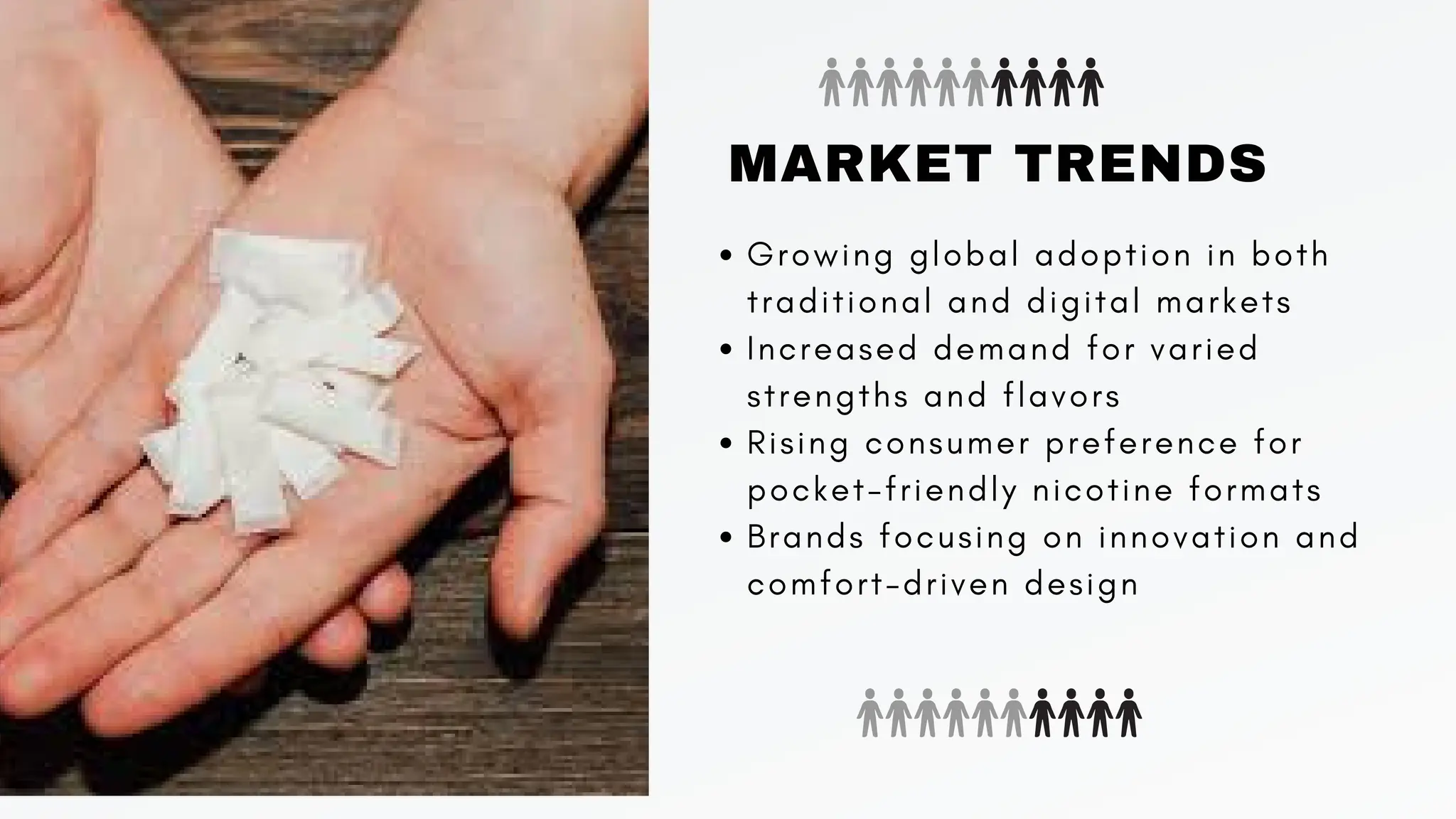 MARKET TRENDS
Growing global adoption in both
traditional and digital markets
Increased demand for varied
strengths and flavors
Rising consumer preference for
pocket-friendly nicotine formats
Brands focusing on innovation and
comfort-driven design
 