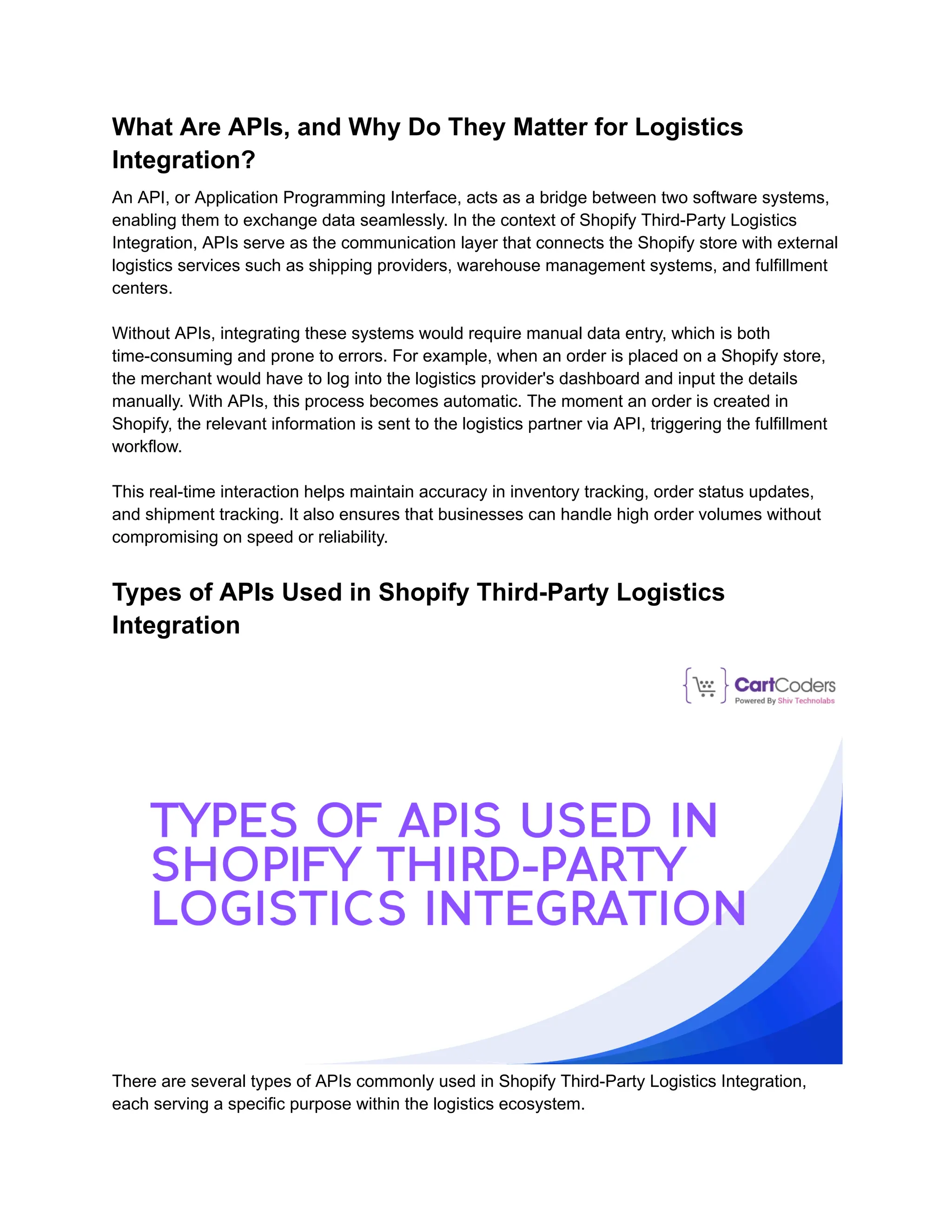 What Are APIs, and Why Do They Matter for Logistics
Integration?
An API, or Application Programming Interface, acts as a bridge between two software systems,
enabling them to exchange data seamlessly. In the context of Shopify Third-Party Logistics
Integration, APIs serve as the communication layer that connects the Shopify store with external
logistics services such as shipping providers, warehouse management systems, and fulfillment
centers.
Without APIs, integrating these systems would require manual data entry, which is both
time-consuming and prone to errors. For example, when an order is placed on a Shopify store,
the merchant would have to log into the logistics provider's dashboard and input the details
manually. With APIs, this process becomes automatic. The moment an order is created in
Shopify, the relevant information is sent to the logistics partner via API, triggering the fulfillment
workflow.
This real-time interaction helps maintain accuracy in inventory tracking, order status updates,
and shipment tracking. It also ensures that businesses can handle high order volumes without
compromising on speed or reliability.
Types of APIs Used in Shopify Third-Party Logistics
Integration
There are several types of APIs commonly used in Shopify Third-Party Logistics Integration,
each serving a specific purpose within the logistics ecosystem.
 