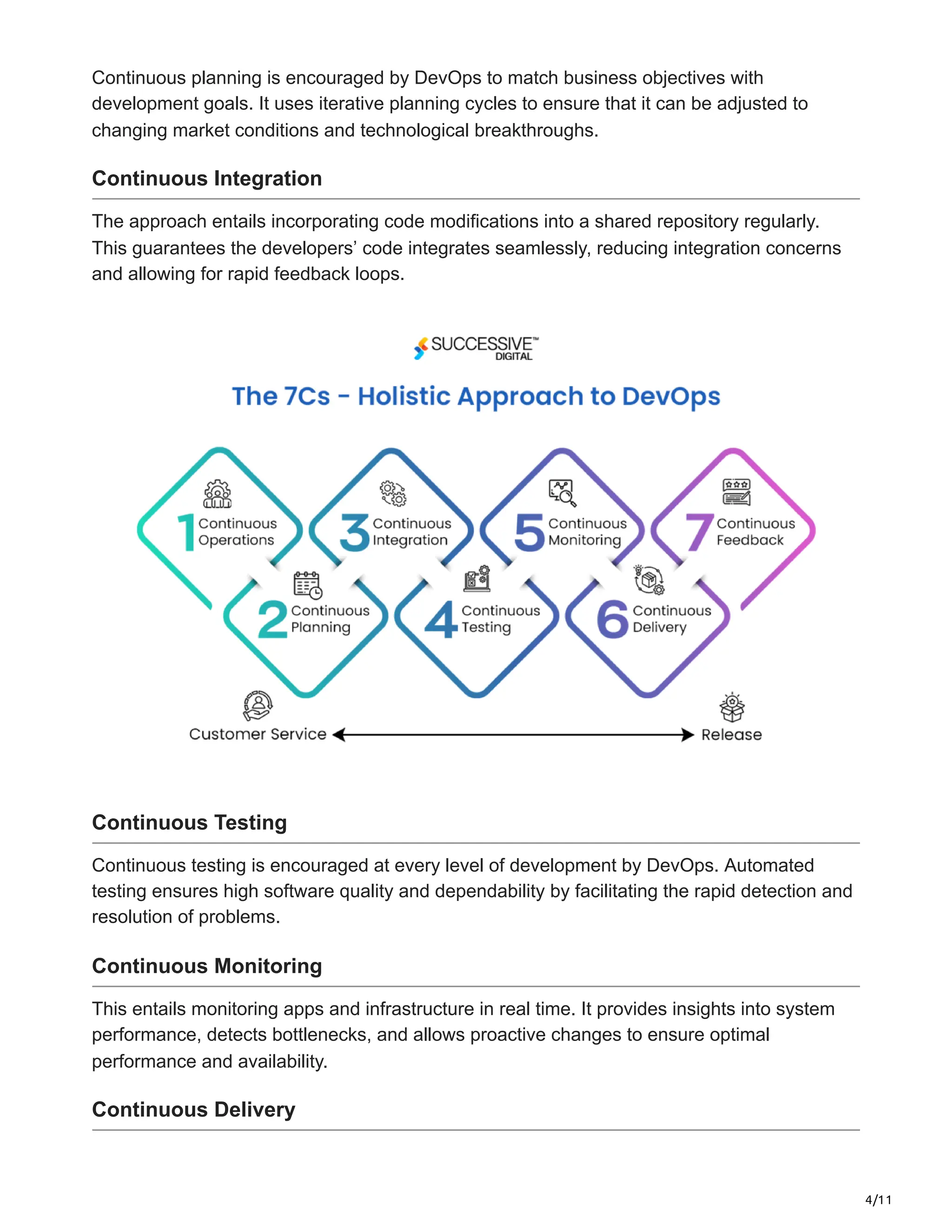 4/11
Continuous planning is encouraged by DevOps to match business objectives with
development goals. It uses iterative planning cycles to ensure that it can be adjusted to
changing market conditions and technological breakthroughs.
Continuous Integration
The approach entails incorporating code modifications into a shared repository regularly.
This guarantees the developers’ code integrates seamlessly, reducing integration concerns
and allowing for rapid feedback loops.
Continuous Testing
Continuous testing is encouraged at every level of development by DevOps. Automated
testing ensures high software quality and dependability by facilitating the rapid detection and
resolution of problems.
Continuous Monitoring
This entails monitoring apps and infrastructure in real time. It provides insights into system
performance, detects bottlenecks, and allows proactive changes to ensure optimal
performance and availability.
Continuous Delivery
 