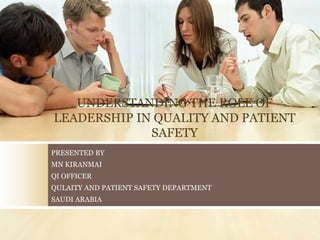 UNDERSTANDING THE ROLE OF
LEADERSHIP IN QUALITY AND PATIENT
SAFETY
PRESENTED BY
MN KIRANMAI
QI OFFICER
QULAITY AND PATIENT SAFETY DEPARTMENT
SAUDI ARABIA
 