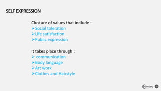 SELFEXPRESSION
10
Clusture of values that include :
Social toleration
Life satisfaction
Public expression
It takes place through :
 communication
Body language
Art work
Clothes and Hairstyle
 