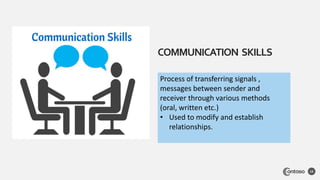 COMMUNICATION SKILLS
12
Process of transferring signals ,
messages between sender and
receiver through various methods
(oral, written etc.)
• Used to modify and establish
relationships.
 