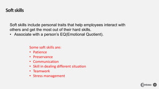 Softskills
14
Soft skills include personal traits that help employees interact with
others and get the most out of their hard skills.
• Associate with a person’s EQ(Emotional Quotient).
Some soft skills are:
• Patience
• Preservance
• Communication
• Skill in dealing different situation
• Teamwork
• Stress management
 