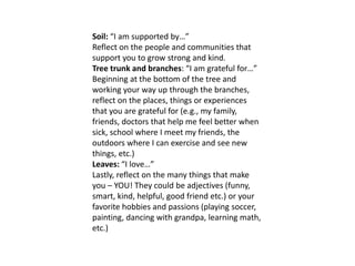 Soil: “I am supported by…”
Reflect on the people and communities that
support you to grow strong and kind.
Tree trunk and branches: “I am grateful for…”
Beginning at the bottom of the tree and
working your way up through the branches,
reflect on the places, things or experiences
that you are grateful for (e.g., my family,
friends, doctors that help me feel better when
sick, school where I meet my friends, the
outdoors where I can exercise and see new
things, etc.)
Leaves: “I love…”
Lastly, reflect on the many things that make
you – YOU! They could be adjectives (funny,
smart, kind, helpful, good friend etc.) or your
favorite hobbies and passions (playing soccer,
painting, dancing with grandpa, learning math,
etc.)
 