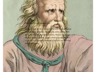 Plato: The Self is an Immortal Soul
For plato, there are three elements of the
soul: Reason, Physical Appetite, Spirit or
Passion. Reason is the ability of the self to
think critically, and make wise decisions.
Physical Appetite is the basic needs of a
person, hunger, thirst and sexual desires.
Lastly, Spirit or Passion is composed of the
basic emotions that the self encounters.
Plato: The Self is an Immortal Soul
For plato, there are three elements of the soul: Reason, Physical
Appetite, Spirit or Passion. Reason is the ability of the self to
think critically, and make wise decisions. Physical Appetite is
the basic needs of a person, hunger, thirst and sexual desires.
Lastly, Spirit or Passion is composed of the basic emotions that
the self encounters.
 