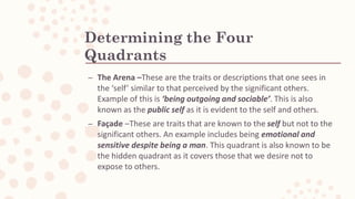 Determining the Four
Quadrants
– The Arena –These are the traits or descriptions that one sees in
the ‘self’ similar to that perceived by the significant others.
Example of this is ‘being outgoing and sociable’. This is also
known as the public self as it is evident to the self and others.
– Façade –These are traits that are known to the self but not to the
significant others. An example includes being emotional and
sensitive despite being a man. This quadrant is also known to be
the hidden quadrant as it covers those that we desire not to
expose to others.
 